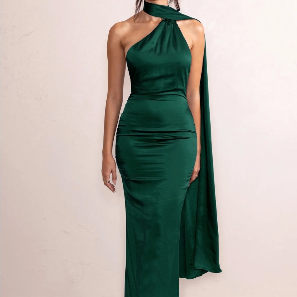 CLUB L LONDON MADEMOISELLE BACKLESS SATIN ASYMMETRIC SCARF NECK MAXI DRESS